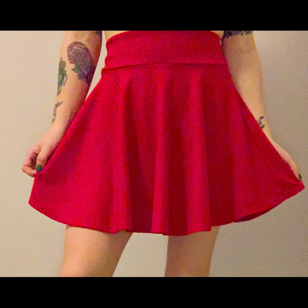 bright red skater skirt